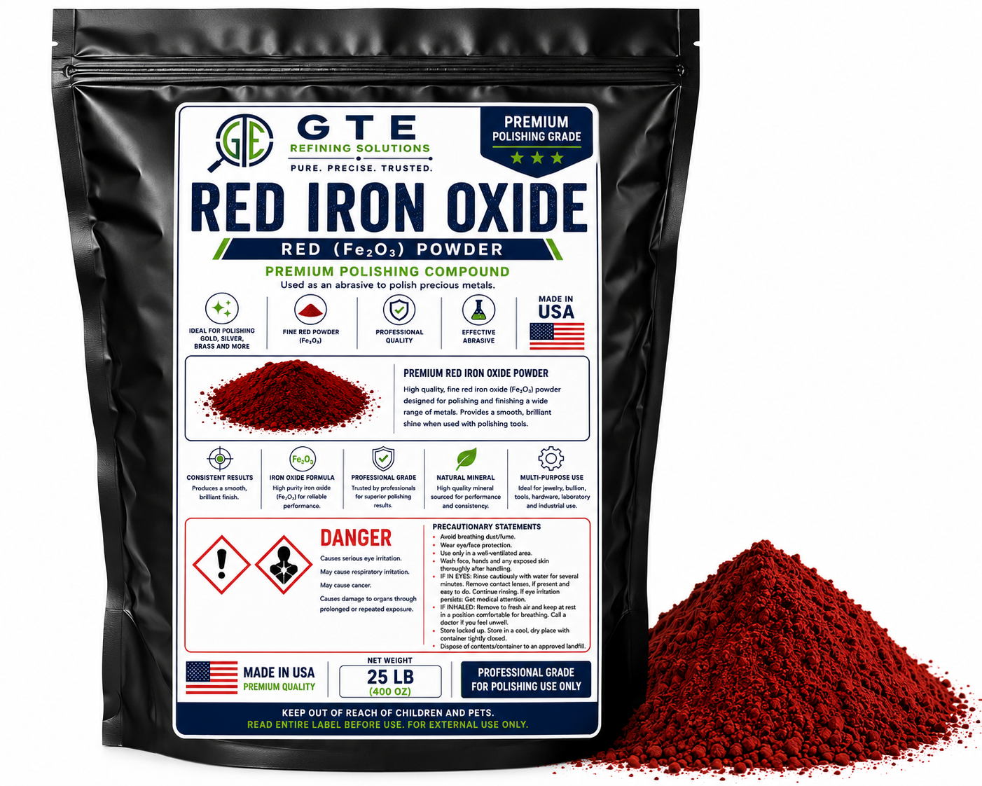 Red Iron Oxide Powder (Fe2O3) Metal Polishing Compound Gold Silver Brass 25lbs