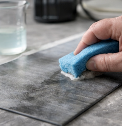 Hand scrubbing a gray tile with a blue sponge beside a glass beaker