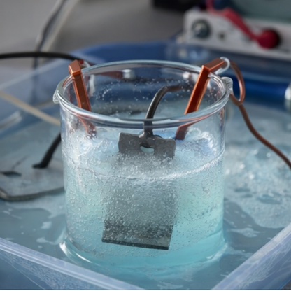 Glass beaker filled with bubbling blue chemical solution, copper alligator clips, and a metallic testing piece inside.