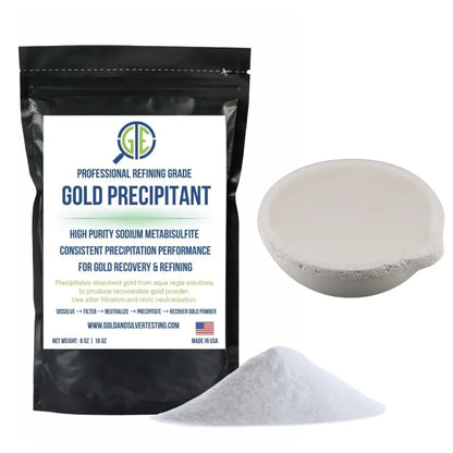 Front view of gold recovery kit with SMB gold precipitant, ceramic crucible, and white powder on white background