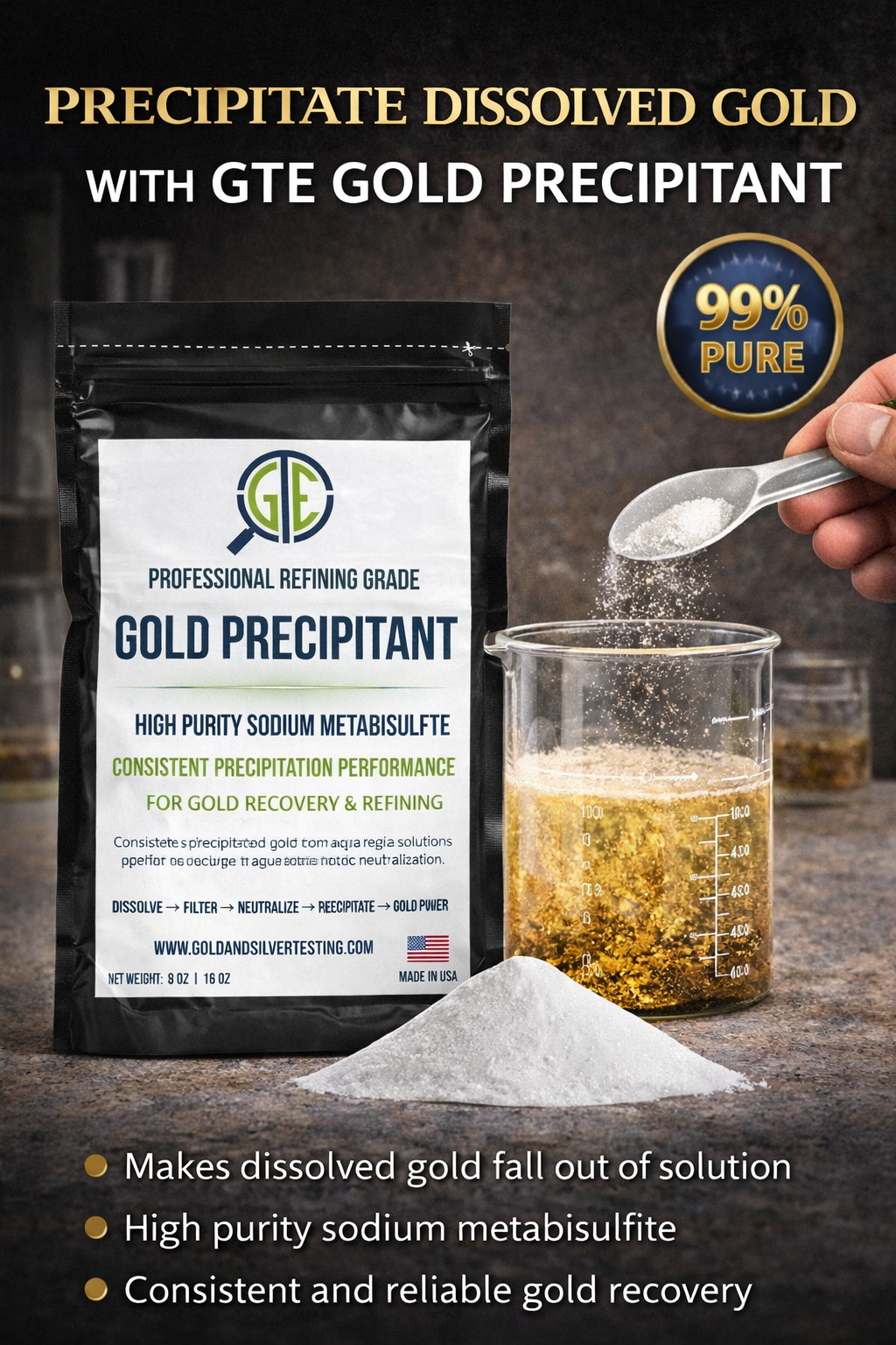 GTE Gold Precipitant 8 oz Refining Test Acid Aqua Regia Metals SMB Pyrosulfite