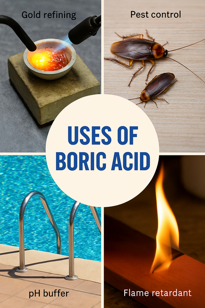 Four-panel image showing uses of boric acid: gold refining, pest control, pH buffer, and flame retardant.