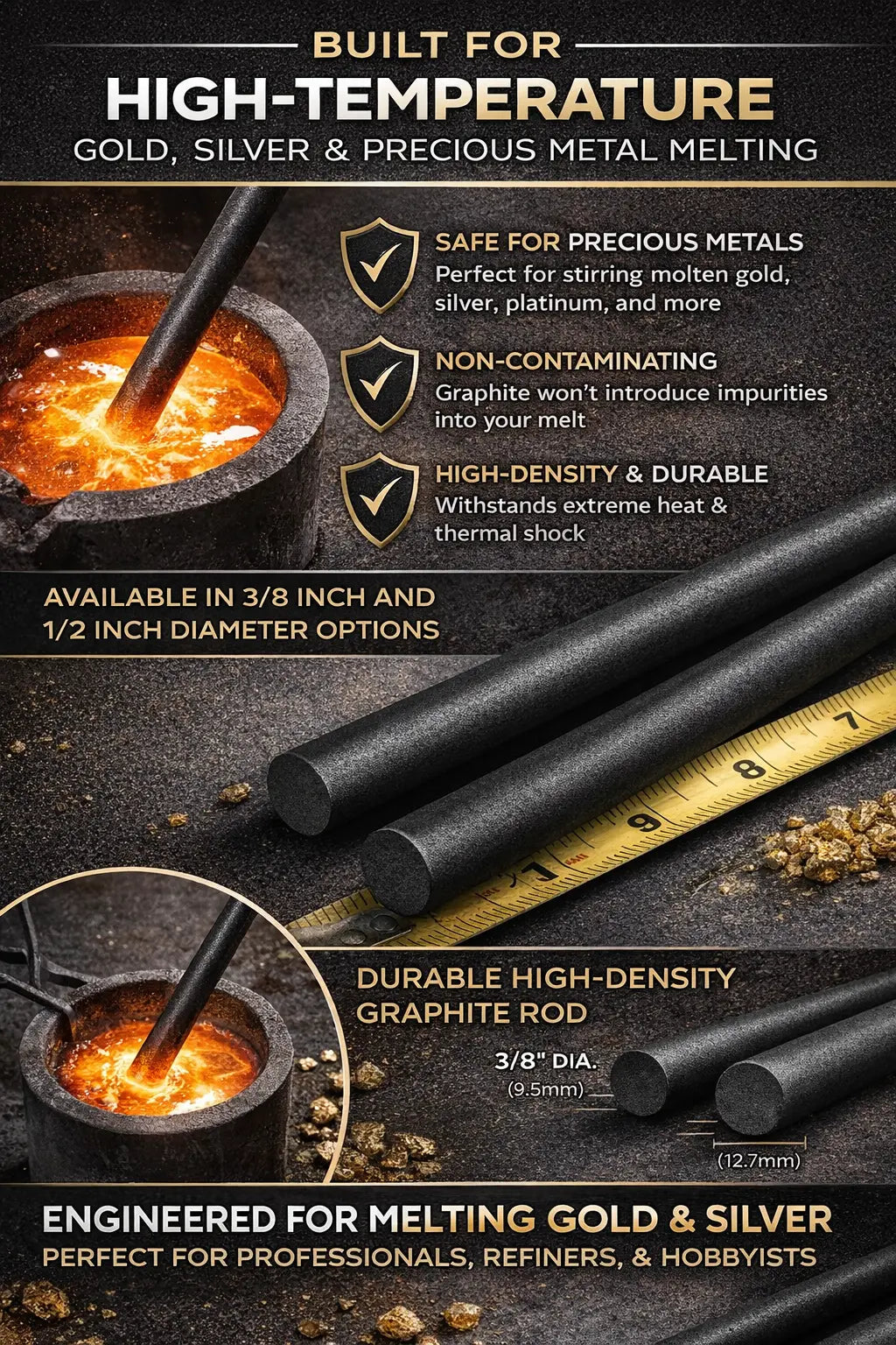 Gold Melting Kit Small Ceramic Crucible + 3/8" Graphite Stirring Rod Refining GTE