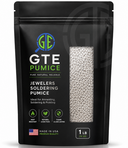 Black pouch of GTE Jewelers Soldering Pumice with a clear window showing white pumice granules.