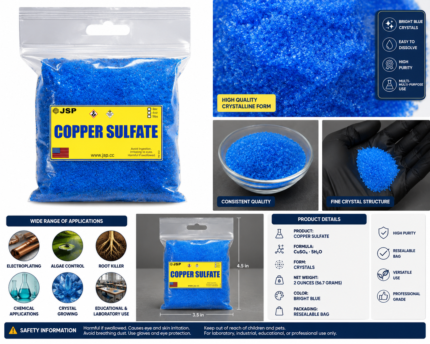 Copper Sulfate Crystals 2 oz Root Killer Algae Control Electroplating Crystals