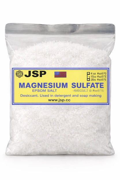 Clear plastic zip bag filled with white magnesium sulfate crystals, featuring a yellow label with "JSP" and text.