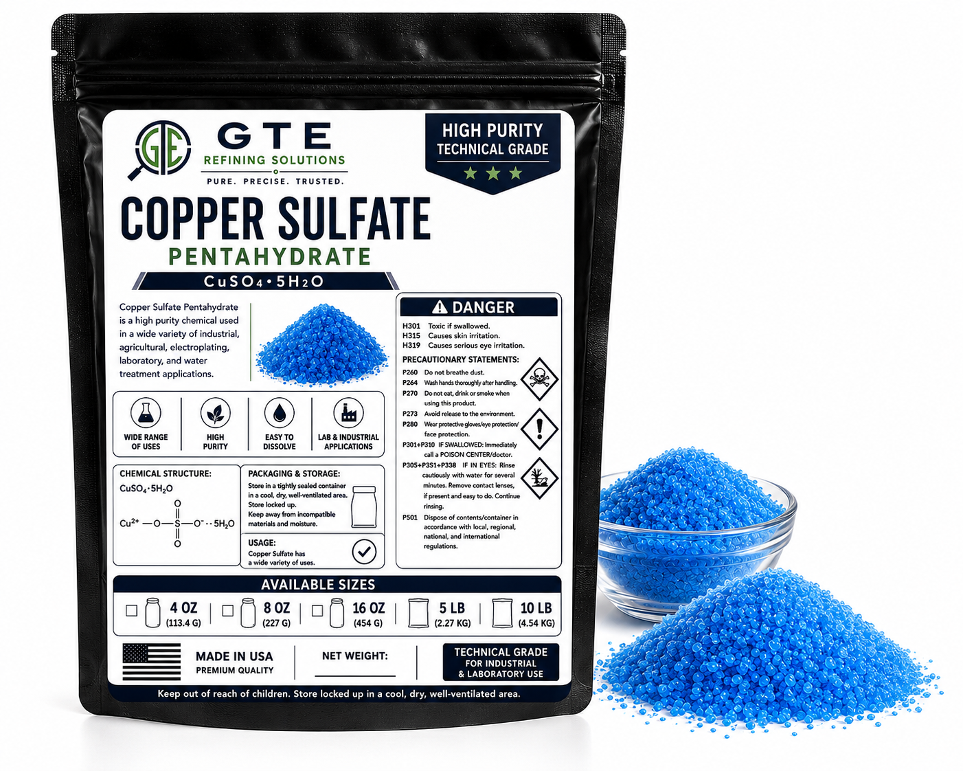 Copper Sulfate Pentahydrate Crystals 8 oz - Fine Crystal - Electroplating Grade