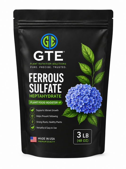 Black stand-up pouch of GTE Ferrous Sulfate Heptahydrate plant food with a blue hydrangea graphic.