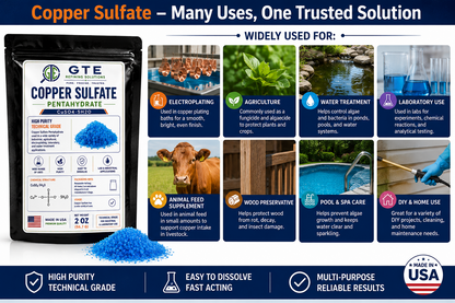 Infographic showing copper sulfate pentahydrate uses in agriculture, water treatment, laboratories, pools, and more