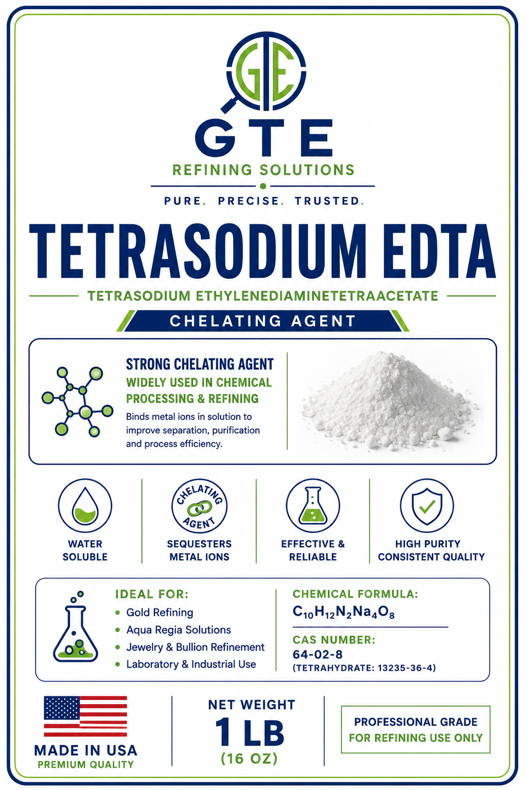 8 oz TETRASODIUM (EDTA) Technical Grade Chelating Agent Textile Water Paper 99%