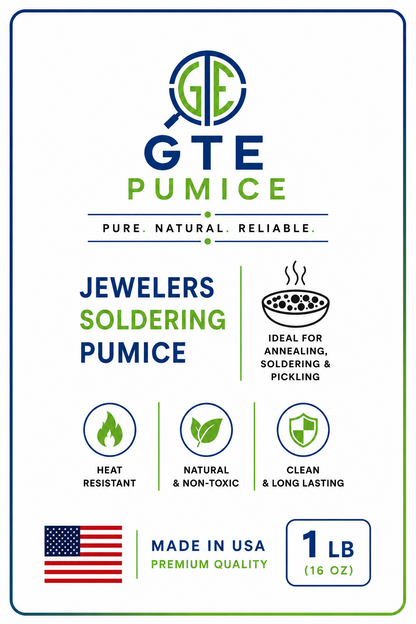 GTE Pumice label for Jewelers Soldering Pumice: heat resistant, natural, nontoxic, clean, long lasting, made in USA