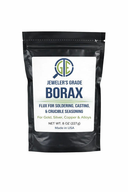 Front view of jewelers grade borax flux pouch showcasing 8 oz size and casting uses on a white background