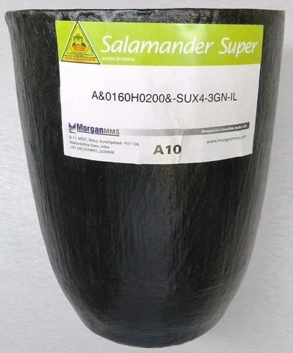 Black Salamander Super A10 crucible, cone-shaped with a white brand label, used for melting metals.