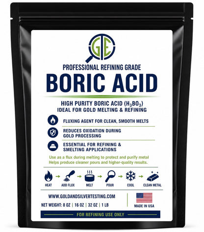 Black stand-up pouch of Boric Acid, high purity grade for gold melting and refining, labeled with usage instructions.