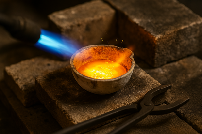 A torch heats glowing molten gold inside a round ceramic crucible set on dark firebricks with metal tongs.