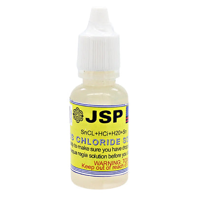 Front view of a JSP stannous chloride bottle with a white dropper cap on a white background