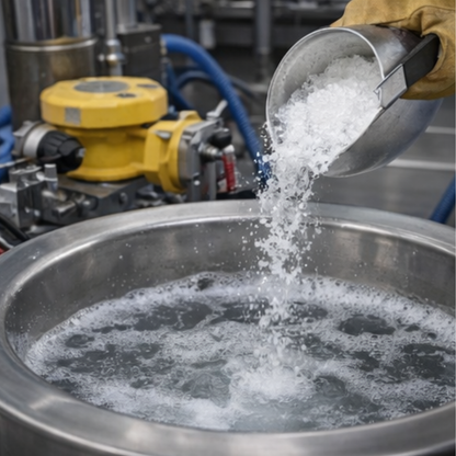 Gloved hands pour white powder from a silver cup into a bubbling stainless steel mixing basin.
