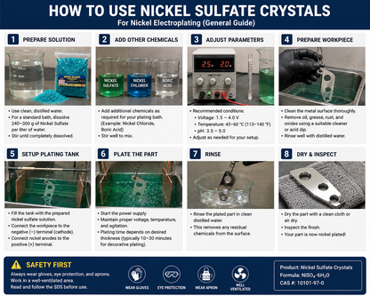 An 8-step guide on how to use nickel sulfate crystals for nickel electroplating.