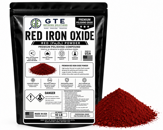 Black stand-up pouch of GTE Red Iron Oxide polishing powder with white label, beside a pile of red powder.