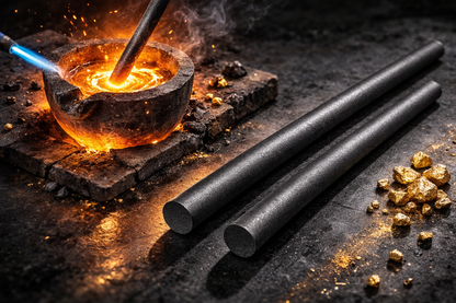 Close-up of gold melting kit showing ceramic crucible, graphite rods, molten gold, and gold pieces on a dark work surface