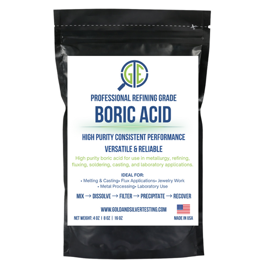 Black pouch of professional refining grade boric acid with a white label reading "BORIC ACID".
