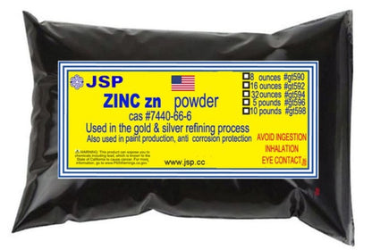 Black plastic bag of JSP zinc powder for gold refining with a yellow label.