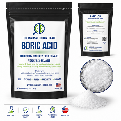 Black pouch of Boric Acid with white label, showing white powder in a circle and pile below.