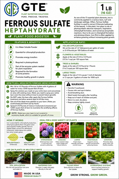 White and green GTE Ferrous Sulfate Heptahydrate fertilizer product label with detailed text and instructions.