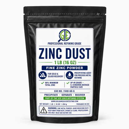 Black stand-up pouch of zinc dust for gold recovery, with white label reading "ZINC DUST 1 LB (16 OZ)."