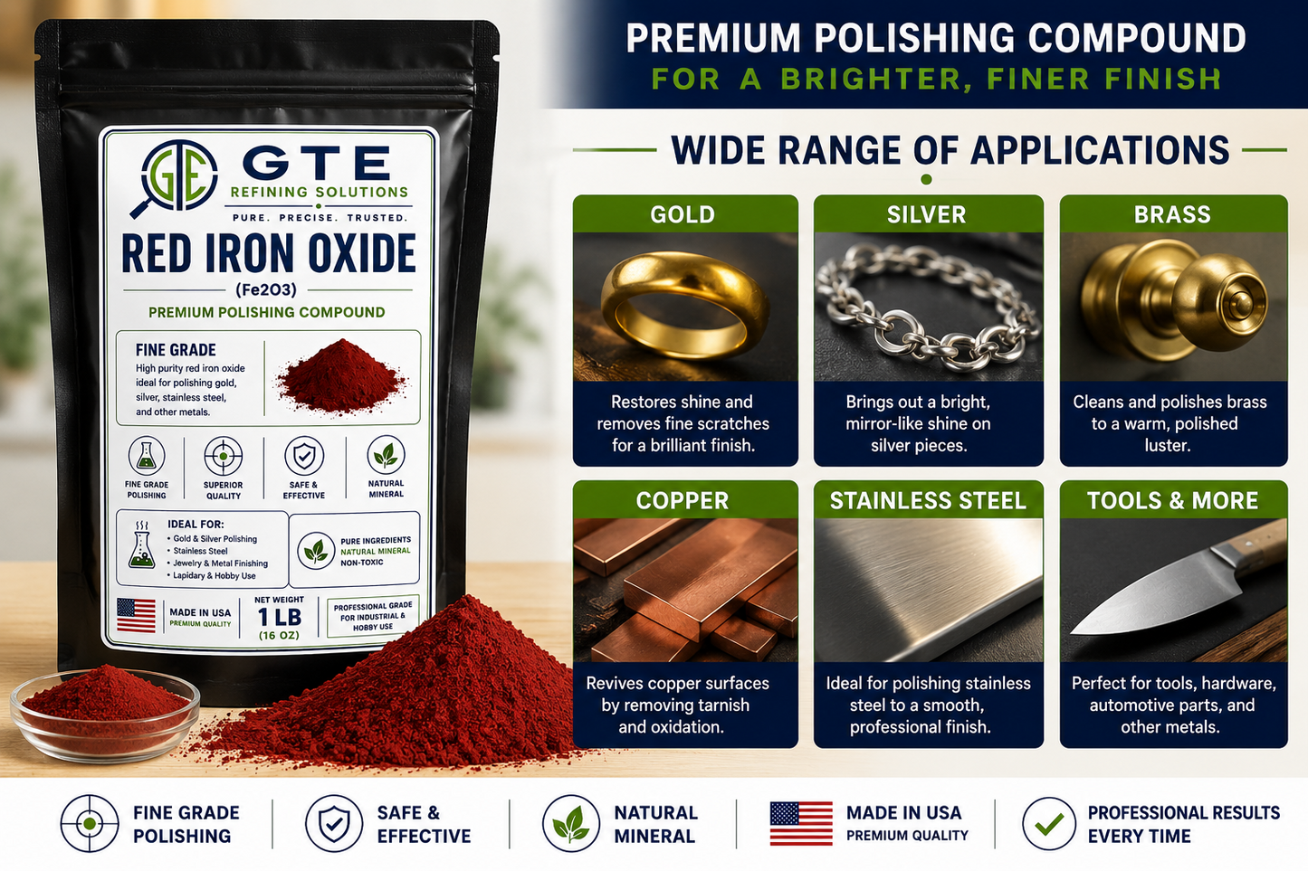 Red Iron Oxide Powder (Fe2O3) Metal Polishing Compound Gold Silver Brass 1lb