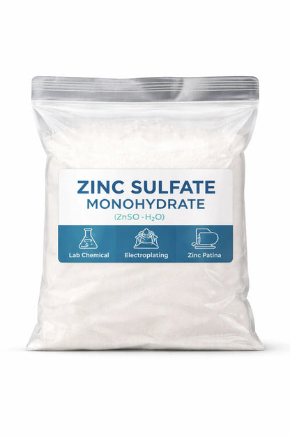 Clear plastic bag filled with white zinc sulfate monohydrate powder and a label reading "ZINC SULFATE MONOHYDRATE".
