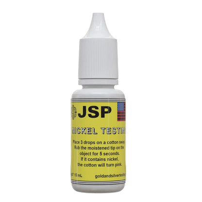 Front view of JSP Nickel Test Solution bottle showcasing its dropper cap and yellow nickel-testing label against a white background
