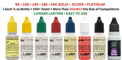 Front view of testing kit with color coded acid bottles for 9K, 10K, 14K, 18K, 22K, 24K gold, silver, and platinum