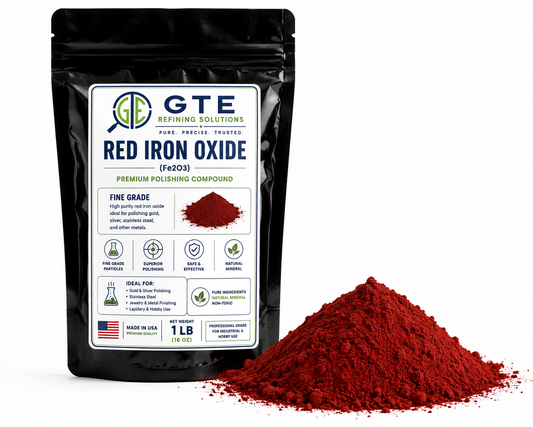 A 1 lb black pouch of GTE Red Iron Oxide polishing compound next to a small pile of the dark red powder.
