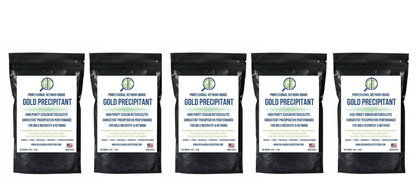 Front view of five Gold Precipitation Kit bags labeled Gold Precipitant for gold recovery and refining