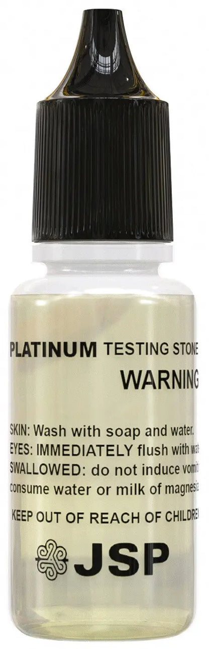 Front view of a platinum testing stone bottle with black cap on a white background