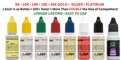 Gold Silver Platinum Testing Kit bottles showing 9K to 24K solutions, 100 plus tests per bottle, and easy use