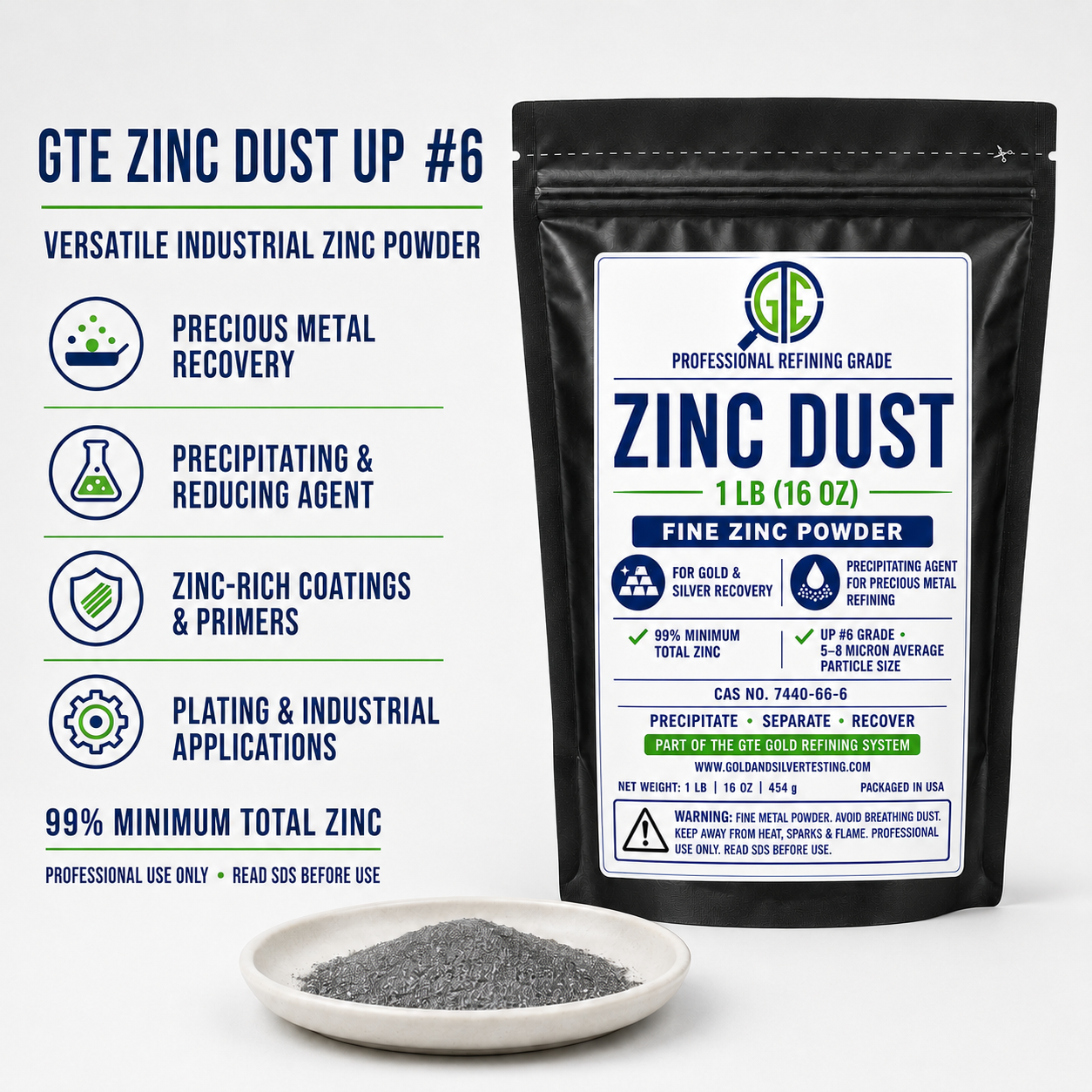 1LB Zinc Powder Gold Silver Recovery Refining Metal Precipitant Dust Casting ZN