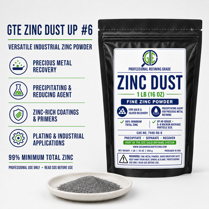 Black 1lb pouch of GTE Zinc Dust #6 for precious metal recovery, with a small dish of grey zinc powder in front.