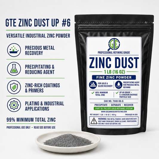 Black 1lb pouch of GTE Zinc Dust #6 for precious metal recovery, with a small dish of grey zinc powder in front.