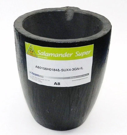 Black Salamander Super A8 melting crucible with a label on the front, featuring a pouring spout.