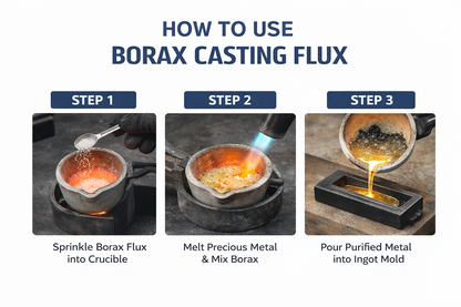 Three step guide showing how to use borax casting flux to melt precious metal and pour it into an ingot mold