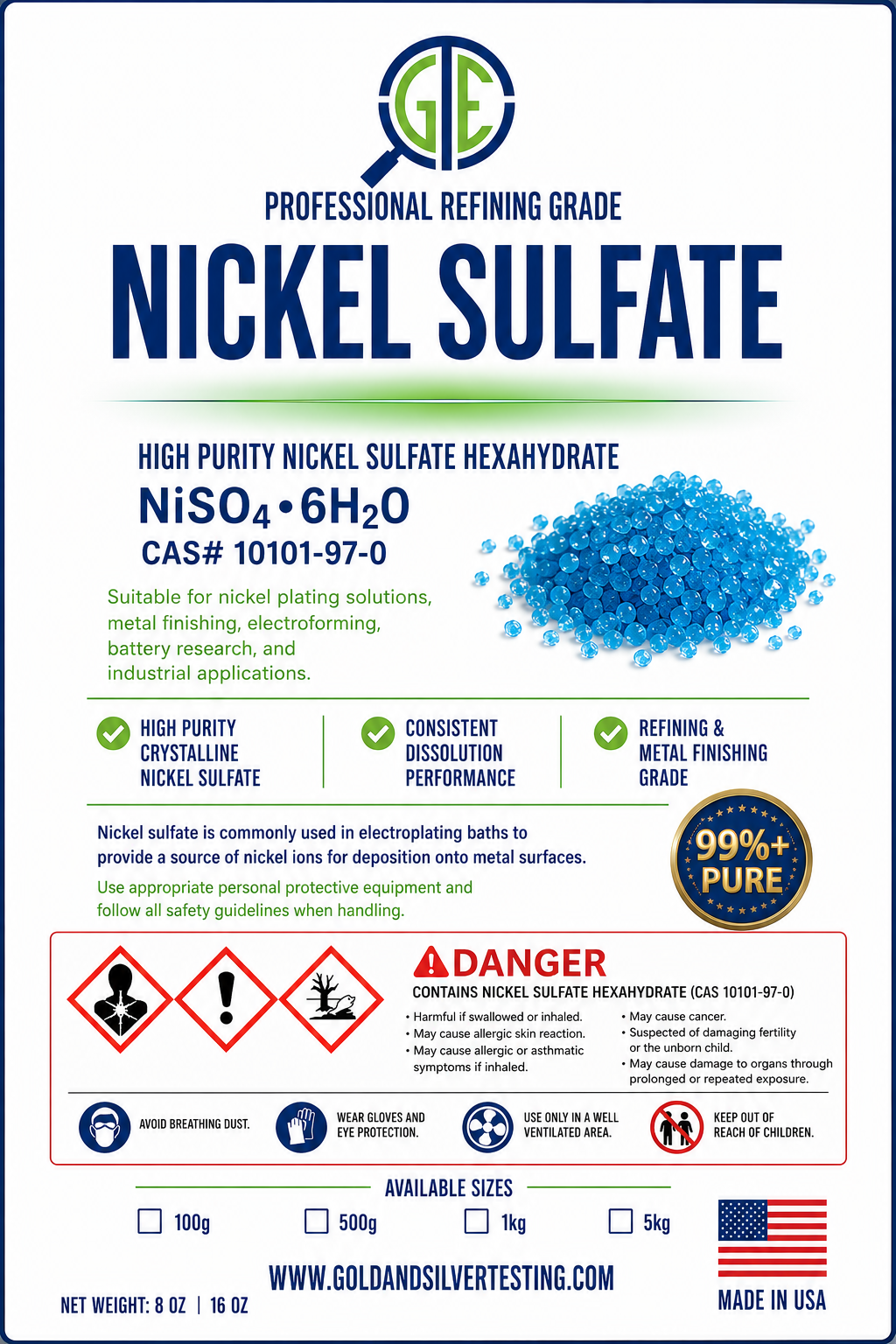 Nickel Sulfate Crystals 100g Electroplating Nickel Plating Chemical Metal