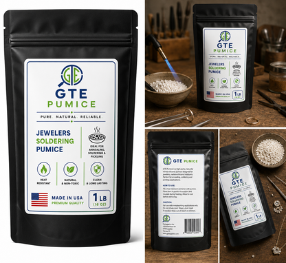 A black matte pouch of GTE Jewelers Soldering Pumice (1 lb), featuring a white label with blue and green text.