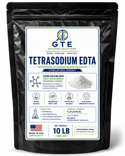 Black 10 lb pouch of GTE Tetrasodium EDTA refining chemical with white label, blue text, and powder image.