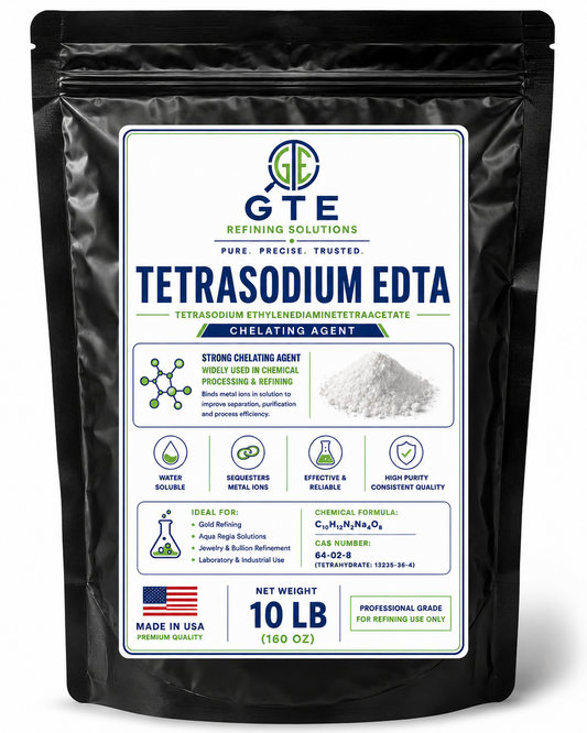 Black 10 lb pouch of GTE Tetrasodium EDTA refining chemical with white label, blue text, and powder image.