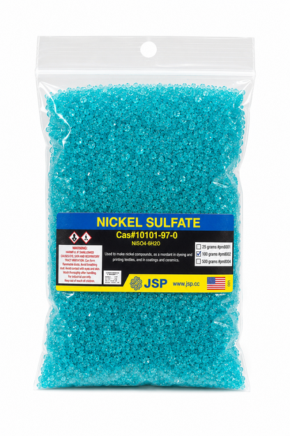 Clear plastic bag filled with vibrant blue nickel sulfate crystals, featuring a JSP product label.