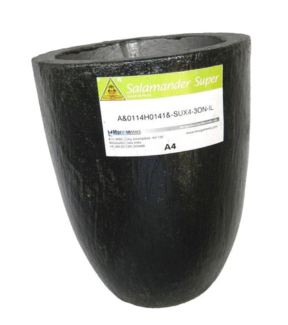 Black Salamander Super A4 melting crucible with label against a white background.