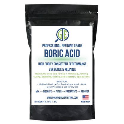 Black resealable pouch of Boric Acid, featuring a white label with blue and green text and a magnifying glass logo.