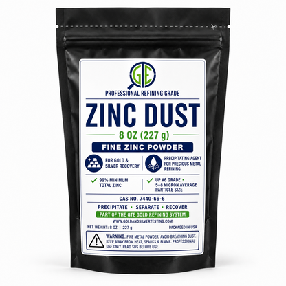 Black stand-up pouch of Zinc Dust by GTE, 8 oz (227 g), for precious metal refining and recovery.